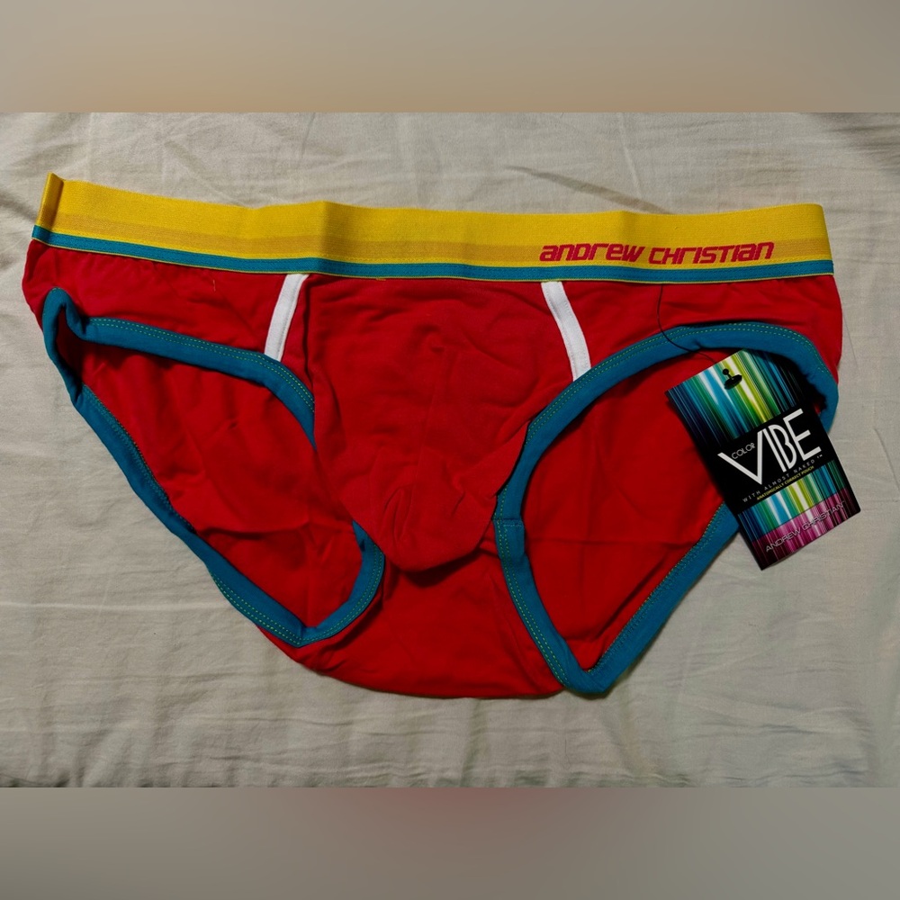 Andrew Christian Red Briefs with Yellow Waistband and Teal Trim